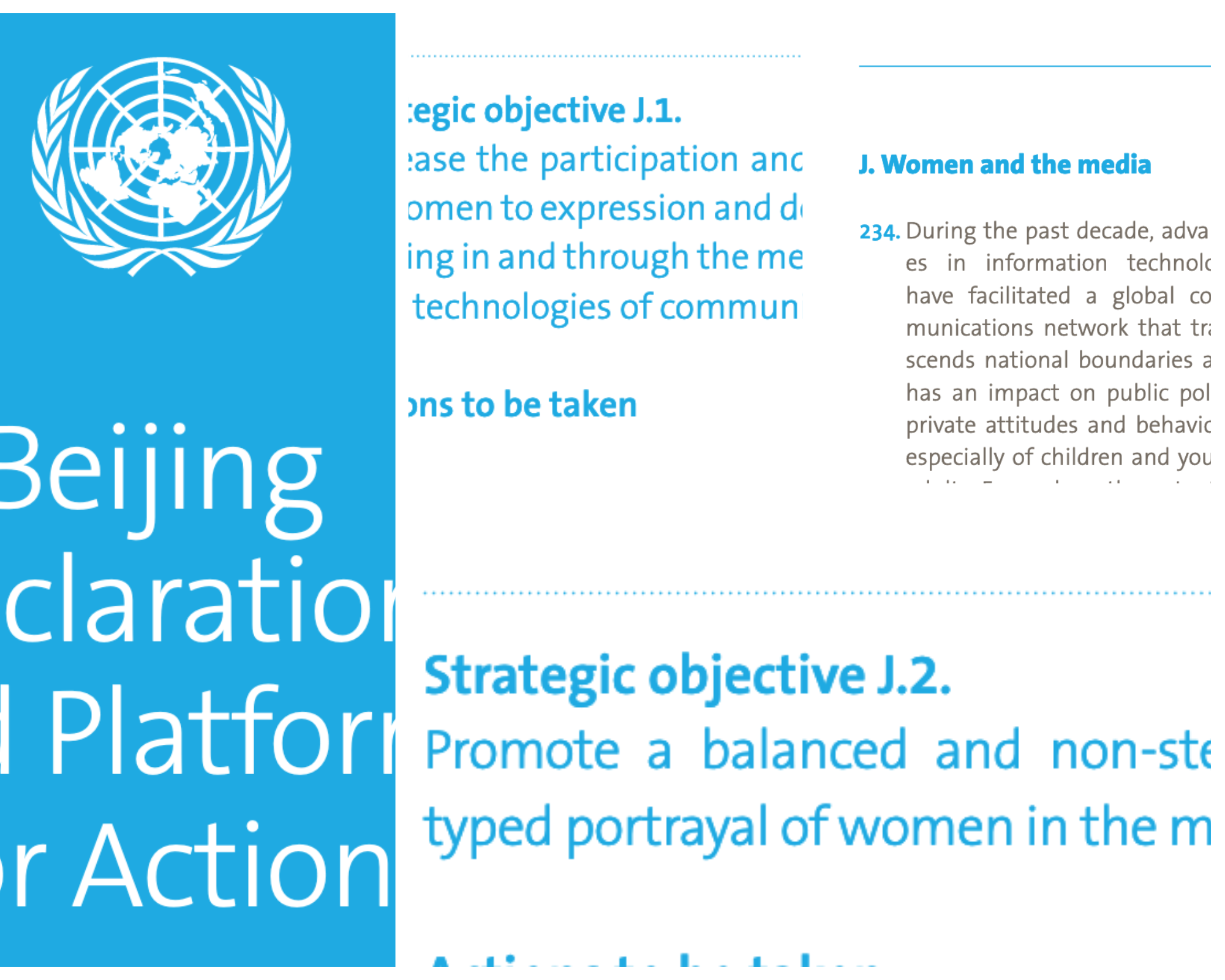 Cropped images of the cover of the Beijing Platform for Action, section J. Women and Media, and Strategic Objectives J1 and J2.