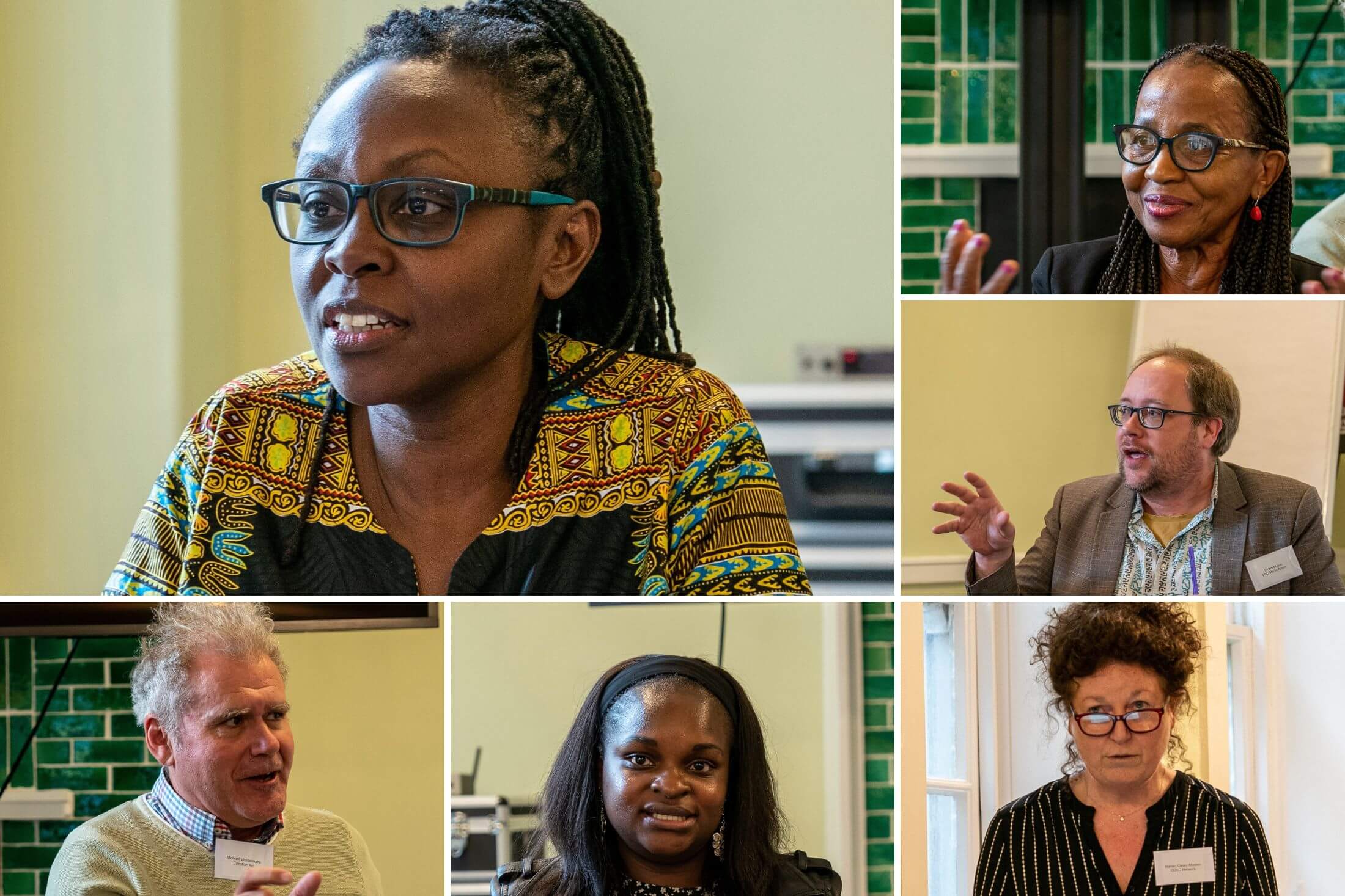 A collage of six individuals speaking: three black women, one woman and two white men