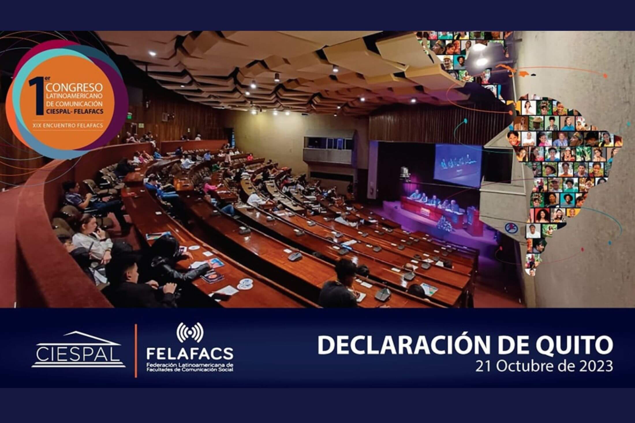 Lecture auditorium with people sitting at desk tables listening to a panel speaking on a stage. Overlay with text that read Declaracion de Quito.