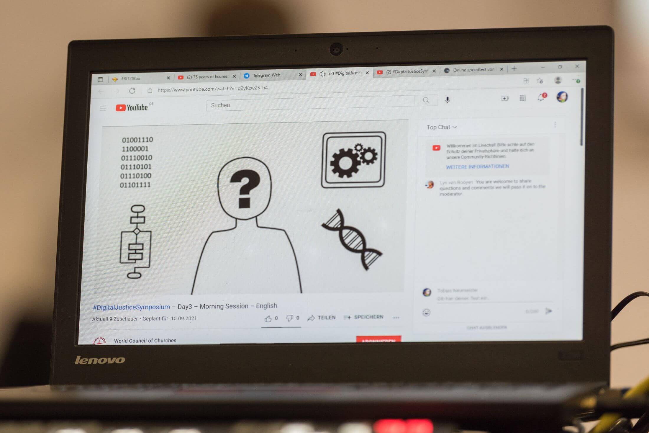 Laptop screen that displays an outline drawing of a person's upper body and head with a question mark where the face would be