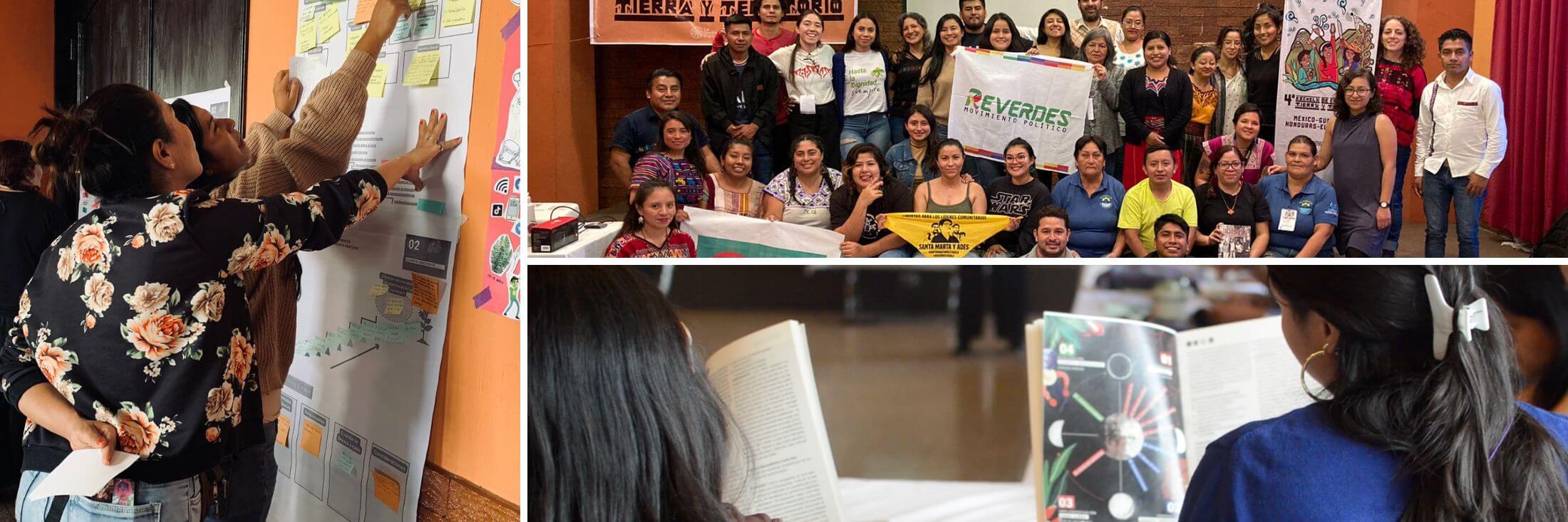 Collage of three images: two people working at a flip chart, a group photo and two women reading a textbook, seen from behind